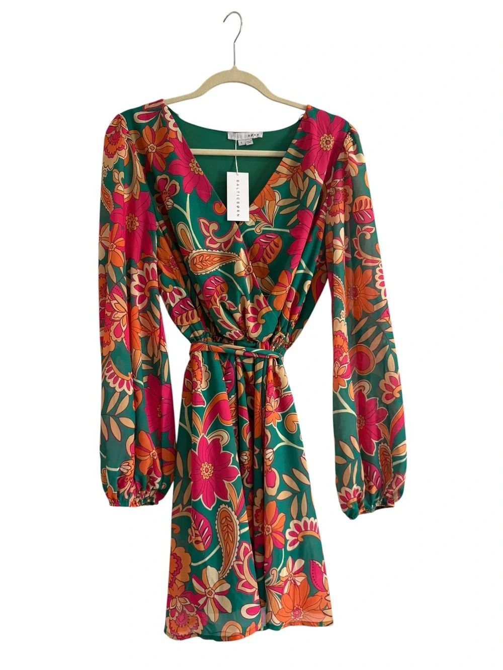 Baltic Born Floral Mini Dress Long Sleeve Tie Waist Women’s Size L NWT - Picture 2 of 4